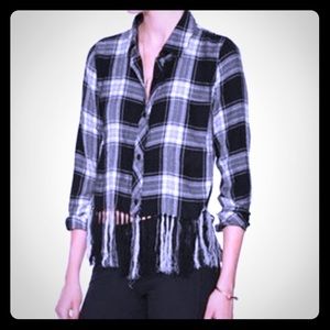 Rails Cropped Fringe Hem Plaid Long Sleeved Top